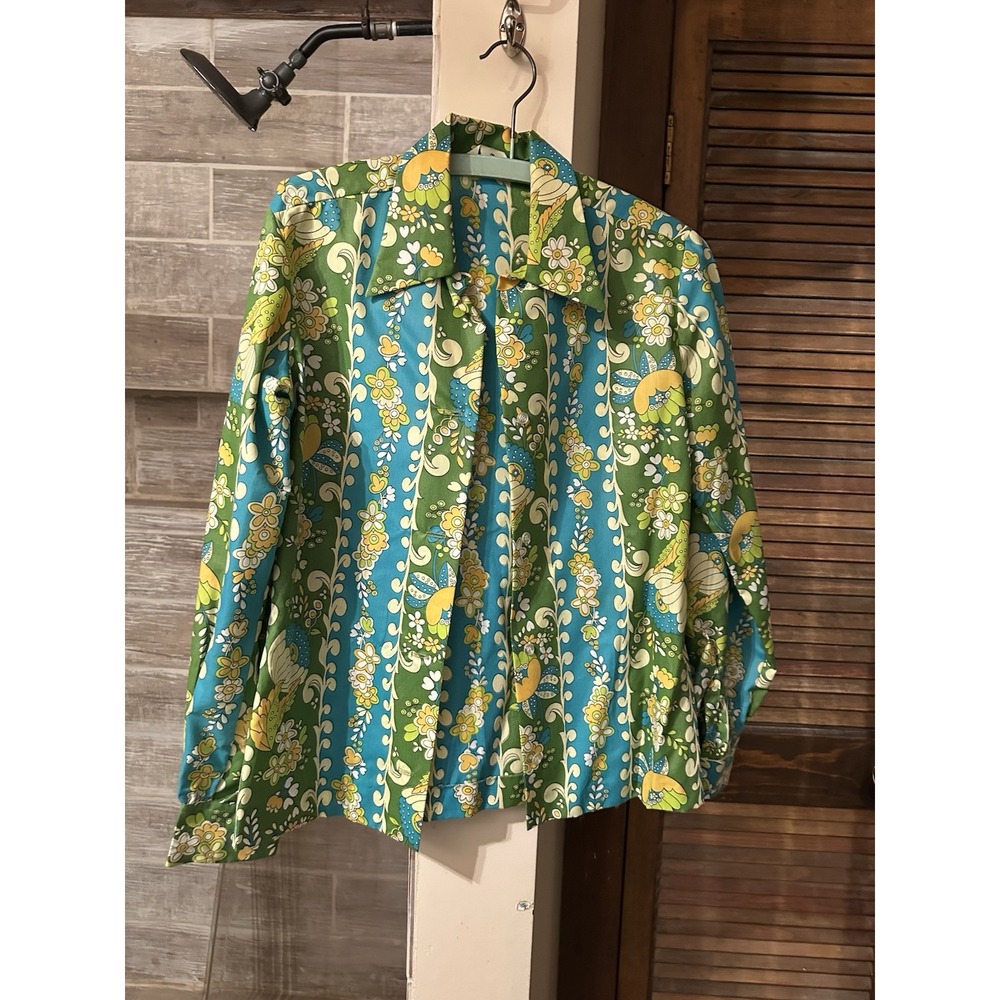 VTG 70s Lady Manhattan Women's  Green Pattern Groovy Collar Blouse Sz 10